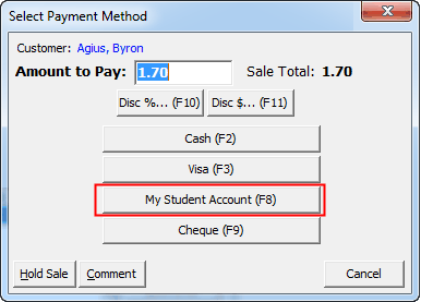 Select Payment Method (My Student Account highlighted)
