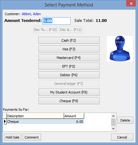 Select Payment Method window (allocated)