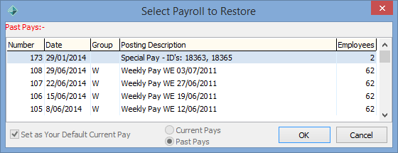 Select Payroll to Restore window