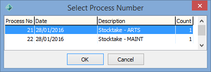 Select Process Number (closed off stocktakes)