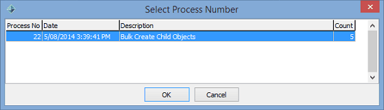 Select Process Number window (Object Maintenance - General tab, deleting child objects)