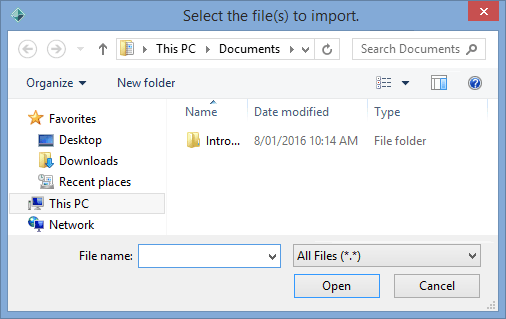 Select the file(s) to import window (complete)