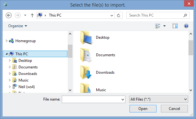 Select the files to import window