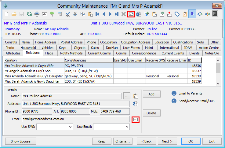 Send Email (from Community Maintenance - Relations tab)