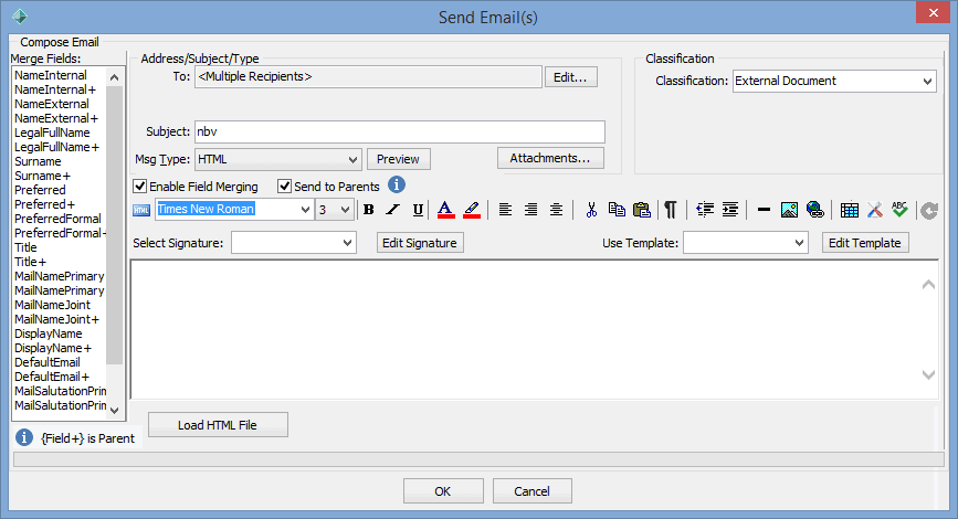 Send Email(s) window (debtors, not populated, cut down)