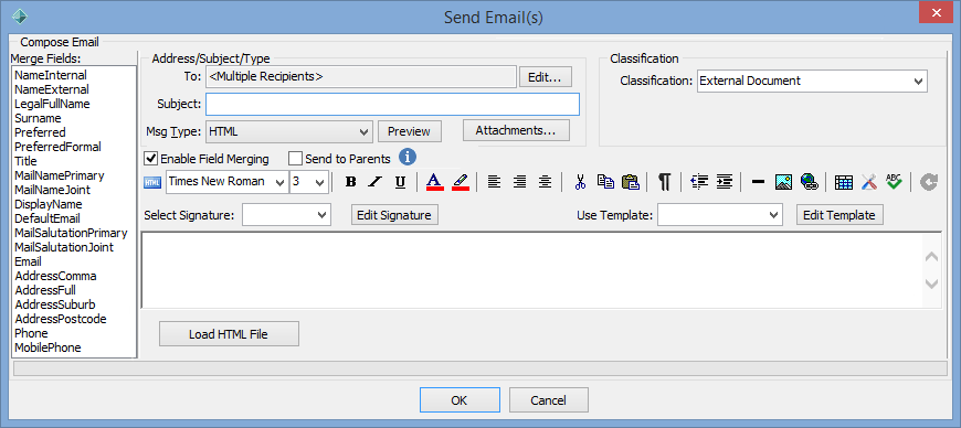 Send Email(s) window (debtors, not populated, cut down for intro topic)