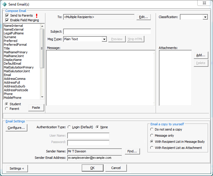 Send Email(s) window