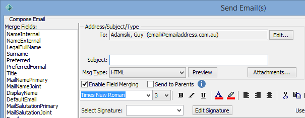 Send Email(s) window (to single person, cut down)