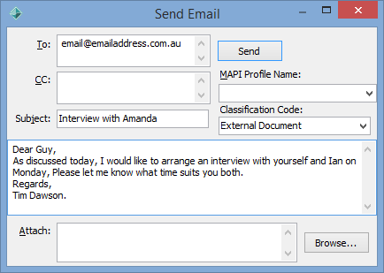 Send Email window (populated)