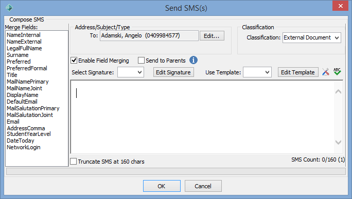 Send SMS(s) window (Angelo Adamski, Send SMS window, cut down)