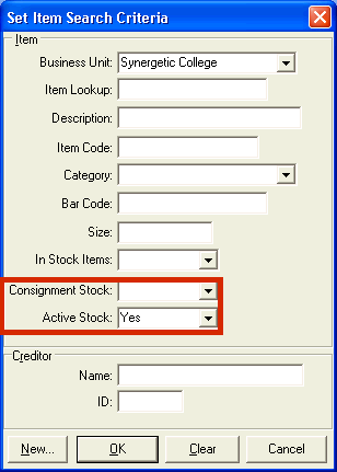 Set Item Search Criteria window (highlighted Consignment Stock field)