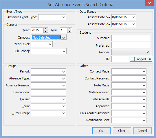 Set Absence Events Search Criteria (absence events)