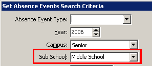 Set Absence Events search Criteria (subschool cutdown)