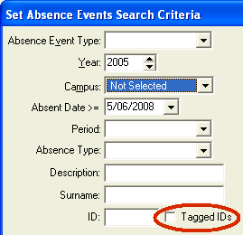 Set Absence Events Search Criteria window (Tagged IDs field)