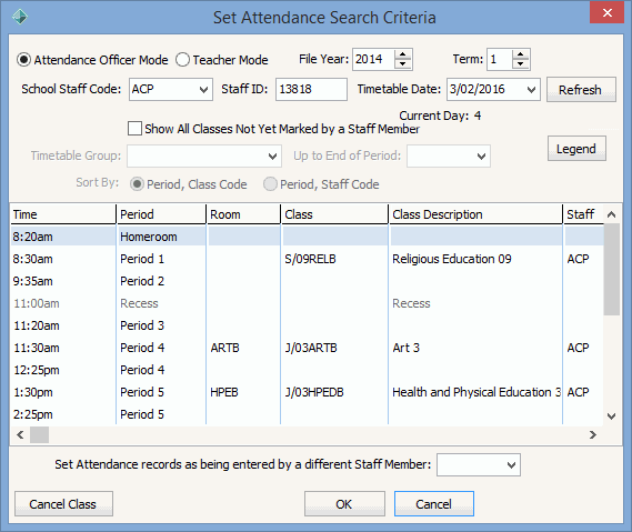 Set Attendance Search Criteria window (cut down)