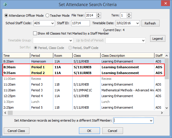 Set Attendance Search Criteria (multi-period example after attendance)