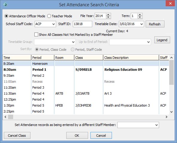 Set Attendance Search Criteria window