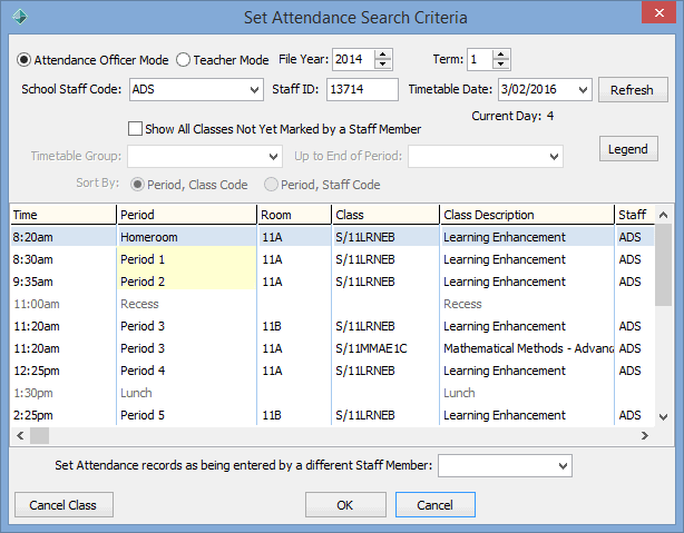 Set Attendance Search Criteria - recording class attendances (multi-period)