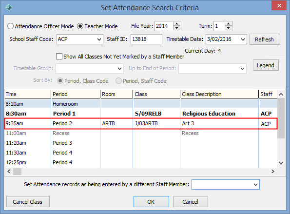 Set Attendance Search Criteria - recording class attendances (2)