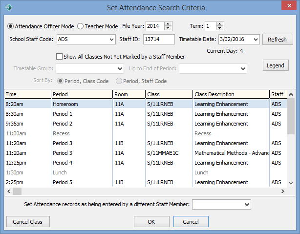 Set Attendance Search Criteria - recording class attendances