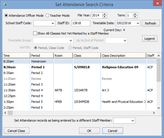 Set Attendance Set Search Criteria (marked rolls)