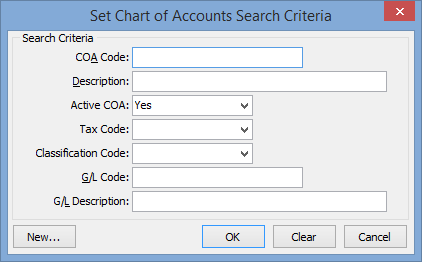 Set Chart of Accounts Search Criteria window