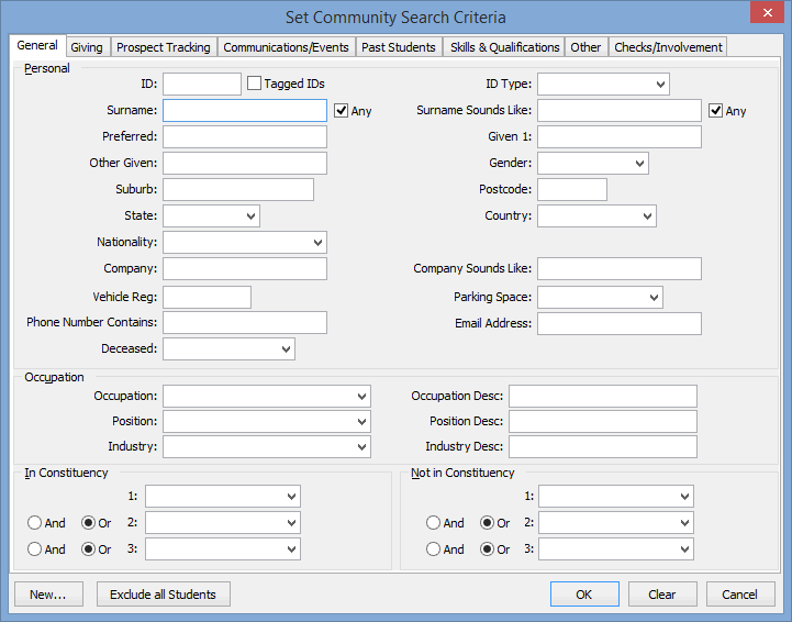 Set Community Search Criteria window