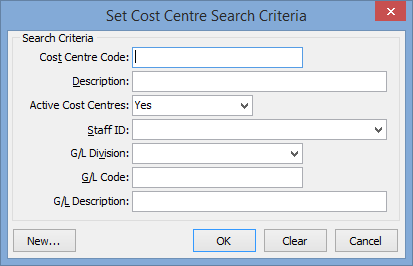 Set Cost Centre Search Criteria