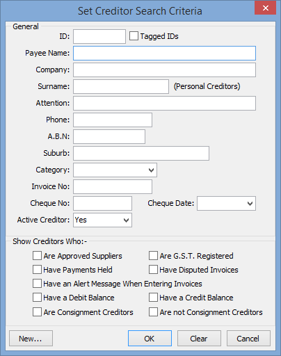 Set Creditor Search Criteria window
