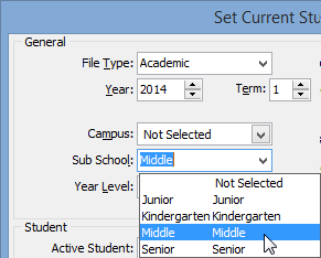 Set Current Student Search Criteria window (cut down)