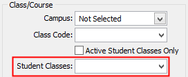 Set Current Student Search Criteria window (Class Course area, student classes field highlighted)