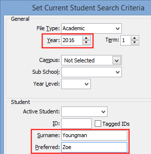 Set Current Student Search Criteria window (cut down)