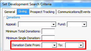 Set Development Search Criteria (donation date from to highlighted, cut down)