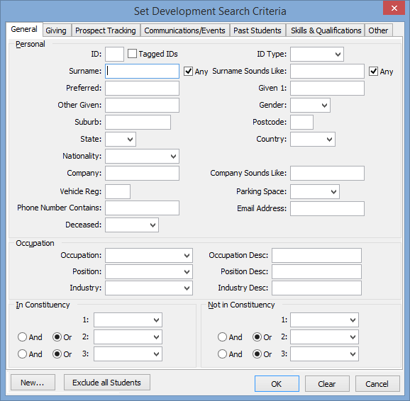 Set Development Search Criteria - General tab