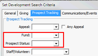 Set Development Search Criteria - Prospect Tracking tab (cut down, Fund and Prospect status highlighted)