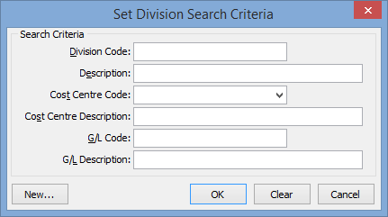 Set Division Search Criteria window