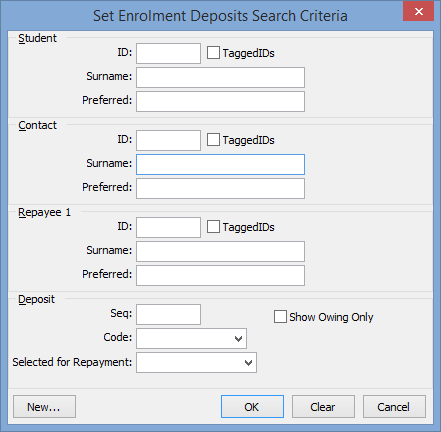 Set Enrolment Deposits Search Criteria window