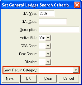 Set General Ledger Search Criteria (Gov't Return Category)