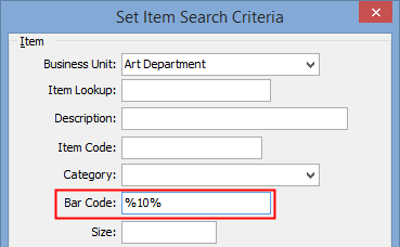 Set Item Search Criteria (highlight Barcode, Barcode partial search)