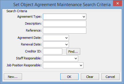 Set Object Agreement Search Criteria window