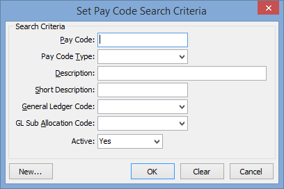 Set Payroll Code Search Criteria window
