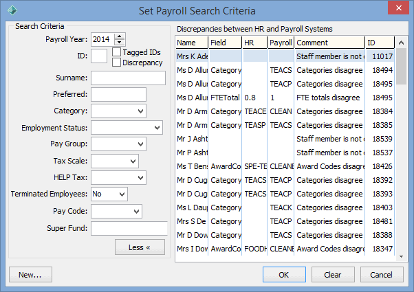 Set Payroll Search Criteria(list discrepancies)