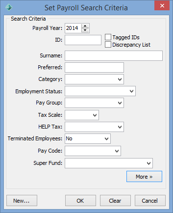 Set Payroll Search Criteria window