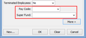 Set Payroll Search Criteria window (Pay Code and Super Fund fields highlighted, cut-down)