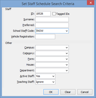 Set Staff Schedule Search Criteria window