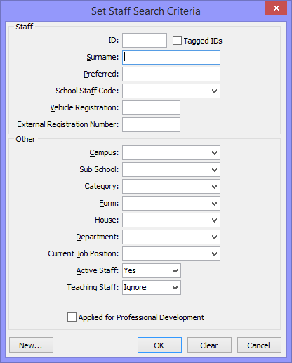 Set Staff Search Criteria window