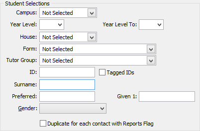 Set Student Reports Search Criteria window (Student Selections)