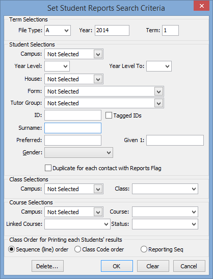 Set Student Reports Search Criteria window