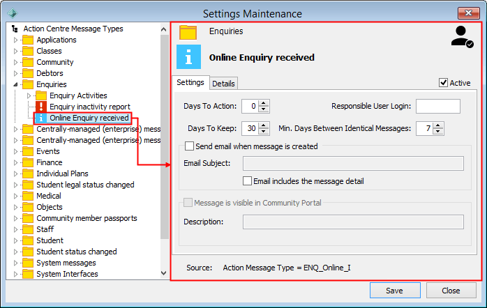 Settings Maintenance (Selecting an Action Centre message)