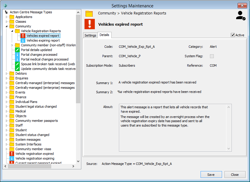 Settings Maintenance - Details tab